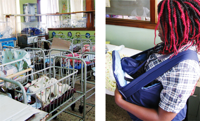 Far left: the Special Care Baby Unit at Mulago Hospital in Kampala, Uganda, where Aaron Kyle and his students have traveled to test their low-cost neonatal care devices. Left: a Ugandan mother using a student-designed neonatal transport unit.