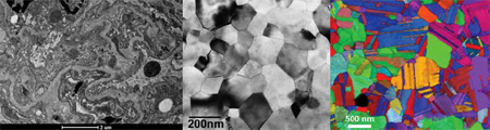 From left to right: Bright-field transmission electron micrograph of stained mouse lung tissue; bright-field transmission electron micrograph of an aluminum film; crystal orientation map of a copper film. 