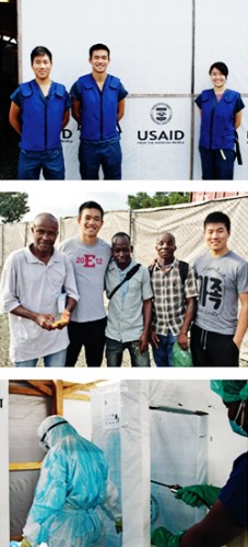 Top: Kevin Tyan (far left), Jason Kang, and Katherine Jin during a field-testing trip at the PCI Ebola Treatment Unit in Ganta, Liberia; middle: Jason and Kevin with some of the health care workers on site; bottom: A hygienist field-tests Highlight on a health care worker. (Photos courtesy of Kinnos Inc.)
