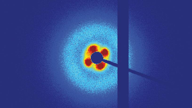 2D imaging of the nanostructure of composite plastic with shades of red, yellow and blue.