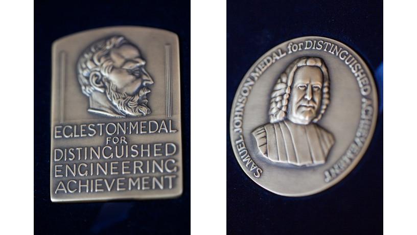 Collage with the Thomas Egleston Medal on the left and the Samuel Johnson Medal on the right.