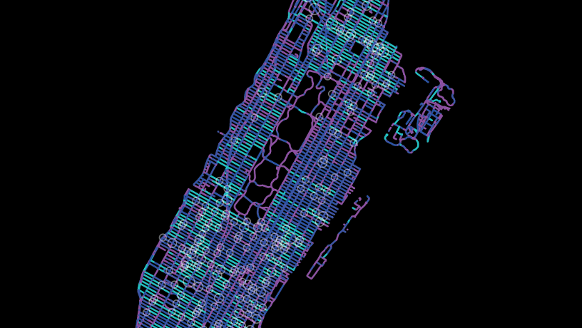 Mapping of dangerous intersections and other obstacles to traffic flow in Manhattan with shades of blue against a black background.