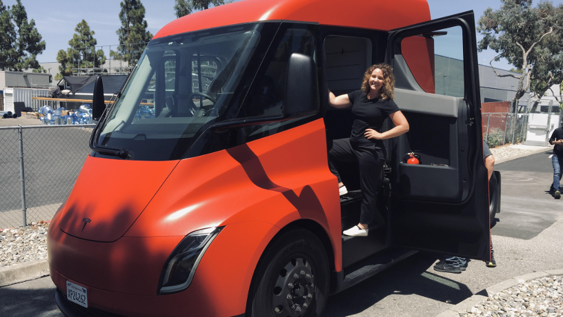 Picture of Christie Taylor in a Tesla Semi cabin.