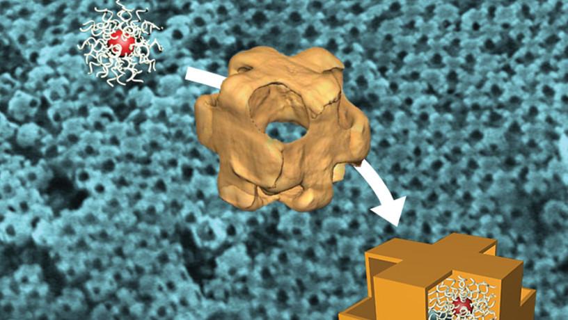 Imaging representation of nanoscale hollow cubes with shades of blue, grey and gold.