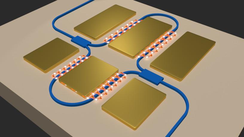 Imaging representation of a photonic circuit with shades of brown, gold and blue.