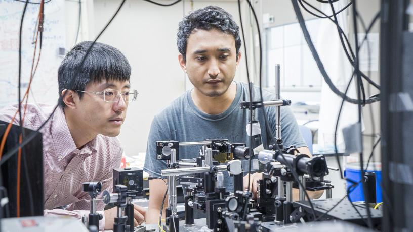 Prof. Yu and a student studying butterfly wings.