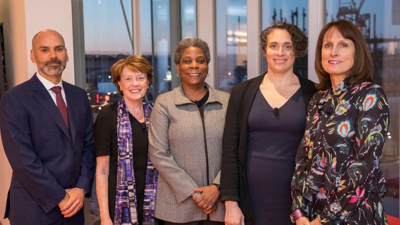 Group picture of Sean Edwards, Dean Mary C. Boyce, Ursula Burns, Donna MacPhee and Janet Paskin.